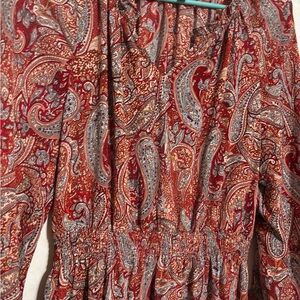Talbots Vibrant Red and Gray Paisley Blouse